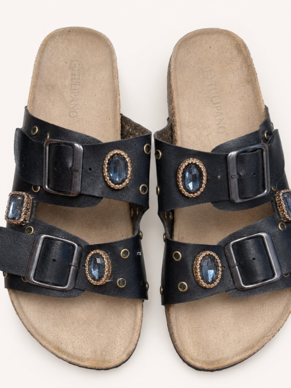 Tulipano Black Leather Jeweled Buckle Slide 7